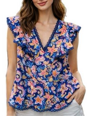 Nanette Lepore | Floral Ruffle Blouse Lace Blue & Pink